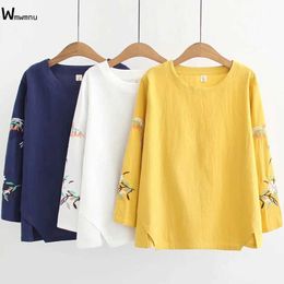 Casual Long Sleeve Loose T-Shirt Plus Size 4X Harajuku O-Neck Spring Pullover Female Embroidery Cotton Linen Tops For Women Y0621