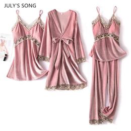 JULY'S SONG Women Velvet 4 Pieces Pajamas Sets Sling Sexy Lace Sleepwear Winter Autumn Pyjama With Chest Pad Wine Red Robe 210809