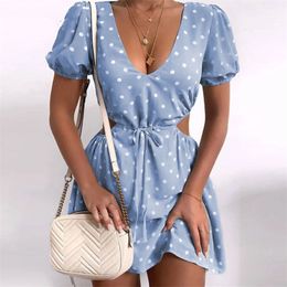 Spring Summer V Neck Dot Print Mini Dress Women Sexy Side Hollow Out Slim Party Dress Casual Short Sleeve Lace-Up Beach Dresses 210331