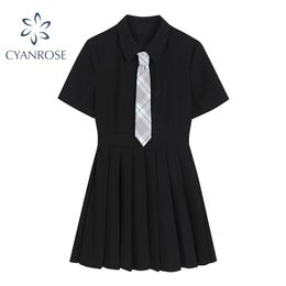 Black Short Sleeve Preppy Style Women's Dress Summer Pleated Slim High waist Fashion Casual Female 210515