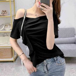 Women's Sexy Summer T-shirt Female Slash Neck Ruffled Solid Colour Stitching Irregular Slim Shirt Korean Tees Tops PL011 210506