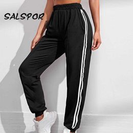 SALSPOR Elastic Sweatpants Women Casual Harem Pants High Waist Loose Korean Fashion Streetwear Black Striped Side Sweat Pants Q0801