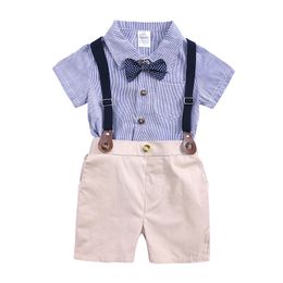 Baby Boy Gentleman Clothes Set Summer Suit For Toddler Kid Formal Party Bow Bodysuit Set 0-24 Month Infant Boy Striped Clothing