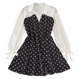 Black Turn Down Collar Polka Dot Patchwork Chiffon Long Sleeve Bow Zipper A-line Empire Mini Dress D2575 210514