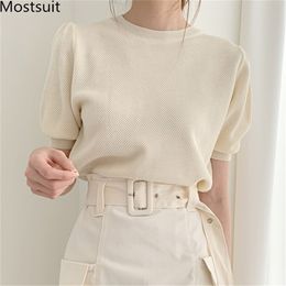Korean Knitted Solid Women Tunics T Shirts Tops Summer Short Sleeve O-neck Pullovers Tees Elegant Fashion Ladies T-shirts 210518