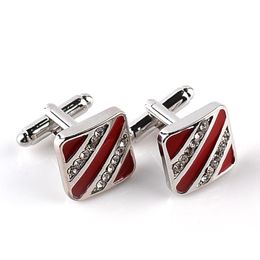 Enamel crystal cufflinks Black red stripe diamond cuff links button for mens Formal Business suit Shirt jewelry