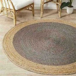 Natural Braided Style Round Rug Reversible Modern Look Living Carpet Carpets for Bed Room Large 211124