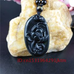 Black Jewellery Natural for Pendant Carved Chinese Amulet Jade Necklace Obsidian Charm Green Accessories Gifts Men Lotus