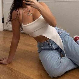 Summer Sexy Irregular Crop Top Ladies Halter Lace Up Wrapped Backless Ribbed T-shirt Solid White Pullover Sleeveless Tee 210517