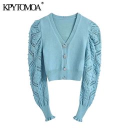 KPYTOMOA Women Fashion Gem Buttons Cropped Knitted Cardigan Sweater Vintage Long Sleeve Pompoms Female Outerwear Chic Tops 210914