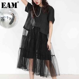 [EAM] Women Black Mesh Split Big Size Long Dress Round Neck Short Sleeve Loose Fit Fashion Spring Summer 1T98001 210512