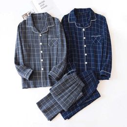 men's plaid home service suit 100% cotton crepe cloth Pyjamas long-sleeved trousers simple two-color plus size home service 210928