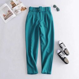 BLSQR Autumn Winter Green Suit Pants Woman High Waist Pants Sashes Pockets Office Ladies Pants Fashion Solid Trousers Q0801