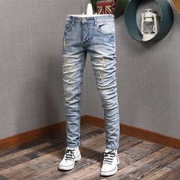 Korean Style Fashion Men Jeans Light Blue Embroidery Patches Ripped Denim Trousers Streetwear Elastic Cotton Slim Designer Pants