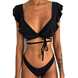 Ruffled Bikini Set Sexy Retro Biquini Top Swimwear Women Two Pieces Swimsuit Floral Beachwear V-neck Bathing Suit Bandage 210520