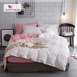 SlowDream Stripes Bedding Set Comforters Bedspread Duvet Cover Double Bed Sheet Linens Set Twin Queen King White Pink Bedclothes 210706