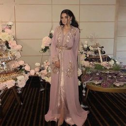 Dirty Pink Caftan Marocain Robe Long Sleeve Evening Dress Sequin Lace A-line Arabic Formal Gowns Muslim Prom Dresses Abendkleider