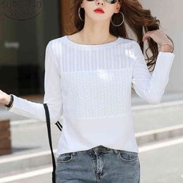 Cotton T-shirts Korean Fashion Embroidery 5 Colours Solid Long Sleeve Shirt Women Slim Fit Office Lady Casual Clothes 10852 210417