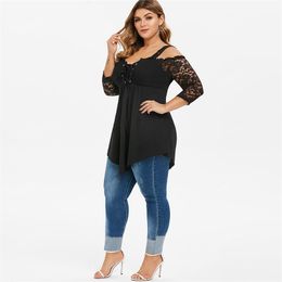 6XL Large Size Women's T-shirt Summer Lace Long Sleeve Tops For Women Oversize Tees Plus Size Tshirts robe femme D30 210401