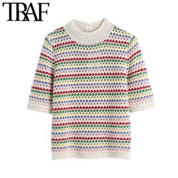 TRAF Women Sweet Fashion Striped Cropped Knitted Sweater Vintage O Neck Short Sleeve Pullovers Chic Tops 210415
