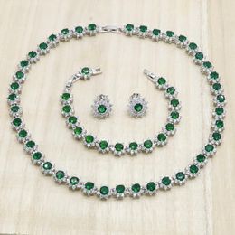 Earrings & Necklace Green Semi-precious Silver Color Bridal Jewelry Sets For Women Stud Bracelet Wedding Birthday Gift