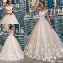 Ball Gown Nude Tulle Overlay 3D Flower Lace Wedding Dress Sheer Neck Floor Length Bridal Gowns Champagne Ivory Vintage Design