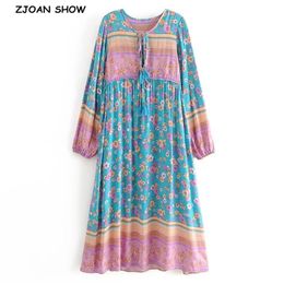 BOHO Blue Tassel Lacing up V neck Location Flower Print Long Dress Ethnic Woman Strappy Sleeve Holiday Dresses Beach 210429