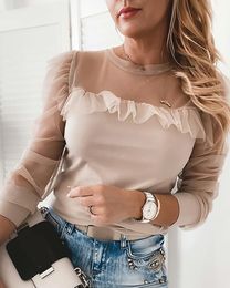 Fashion Women Autumn Outwear Elegant Sheer Mesh Ruffles Long Sleeve Top Lady Fall Sexy Casual Round Neck Blouse Streetwear 210415