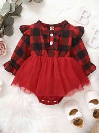 Baby Buffalo Plaid Flounce Sleeve Ruffle Trim Mesh Hem Bodysuit SHE