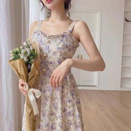 Summer Women's Dress Vintage Franch Floral Print Pearl Buckle Chiffon Strapl Party Dress Holiday Lady Korean Romantic Gown 210712