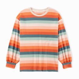 Women Loose Rainbow Striped T-Shirt Lantern Sleeve Ladies Oversize B3003 210514