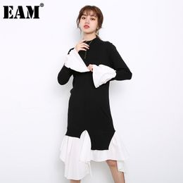 [EAM] Women Black Knitting Irregular Ruffles Dress Turtleneck Long Sleeve Loose Fit Fashion Autumn Winter JO00300 210512