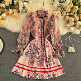 Fashion runway dress women spring elegant bow tie lace splicing flare sleeve vintage printed ruffles short 210603