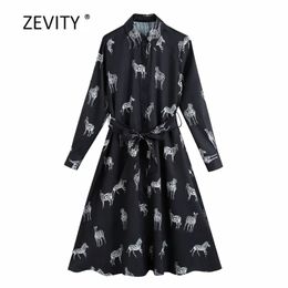 New Women elegant animal print shirt dress office lady turn down collar zebra pattern bow tie sashes vestido chic Dresses DS4140 210409