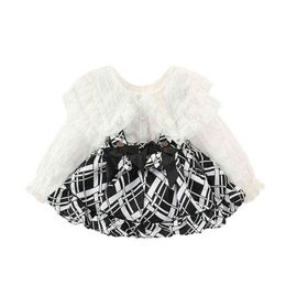 Pretty Princess Puff-sleeve Lace Peter Pan Collar Tops Blouses Plaid Bow Knee-length Strap Dress Toddler Kids Baby Girls Clothes G1129