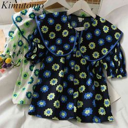 Kimutomo Women Shirt Summer Korean Retro Peter Pan Collar Print Single-Breasted Loose Casual Short Sleeve Blouses 210521