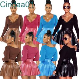 Women Two Piece Dress Set Designer Solid Colour Pleated PU Leather Short Skirt Long Sleeve Fashion V Neck New Arrivals Feather Skirt Suits