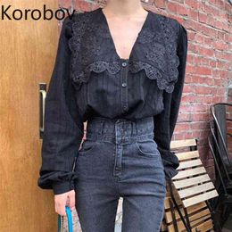 Korobov Chic Korean Lace Patchwork Women Shirts Vintage Single Breasted Spring Summer New Blouse Puff Sleeve Blusas 79415 210430