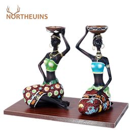 NORTHEUINS 2 Pcs/Set African Candlestick Firugines Decorative Candle Holder Tealight Interior Home Living Room Decoration Gift 210804