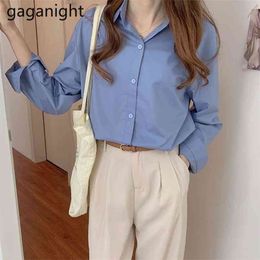 Korean Women blouses Solid Colour Buttons Turn-Down Collar Stylish Long Sleeve Elegant Office Ladies Spring 210601