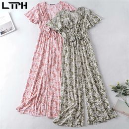 Bohemian holiday style print jumpsuit women elegance long sexy V-neck loose high waist Rompers Spring Summer 210427