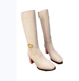 Fashion trend big brand long tube ladies boots thick heel hollow side zipper round head white khaki black