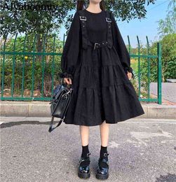 Japanese Harajuku Women Black Midi Dress Gothic Punk Style Suspenders Bandage Dress Vintage Ruffles Long Baggy Cosplay Costume G1214