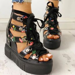 2020 Women Summer Sandals Floral Print Wedges Heels Corss-tied Height Increasing Fashion Causal Shoes Ladies Whosale