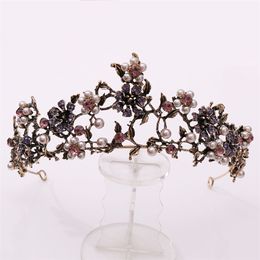 Baroque Vintage Black Purple Crystal Pearls Bridal Tiaras Crown Pageant Diadem Veil Tiara Wedding Hair Accessories 210701