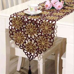 Fyjafon Table Runner Classical s 40*150cm To 40*246cm Hollow Modern Embroidered Coffee 210708