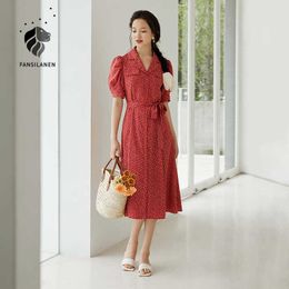 FANSILANEN Office Lady French Retro Floral Red Long Dress Women Summer Style Puff Sleeve V-neck Tea Break 210607
