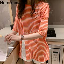 Nomikuma Korean Style O Neck Short Sleeve Striped T Shirts Women Split Loose Knitted Thin Tshirts Casual Fashion Tops Tee 3a529 210514