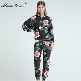 Fashion Designer Suit Spring Autumn Women Long sleeve Rose Floral-Print Tops+Trousers Casual Motion Two-piece set 210524