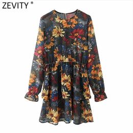 Zevity Women Fashion O Neck Flower Print Double Layer Ruffles Mini Dress Female Chic Party Vestido Long Sleeve Cloth DS4970 210603